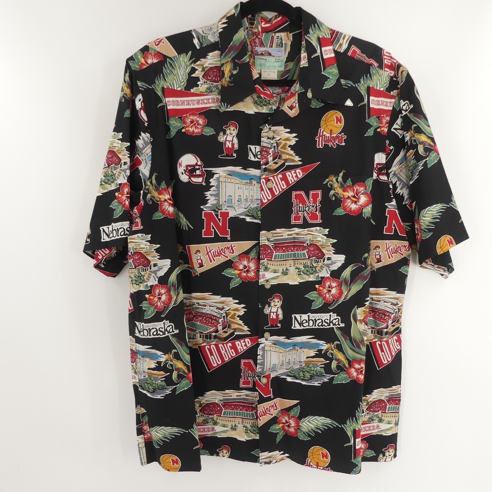 Reyn Spooner Nebraska Cornhuskers Aloha‎ Hawaiian Shirt Black Men's Large